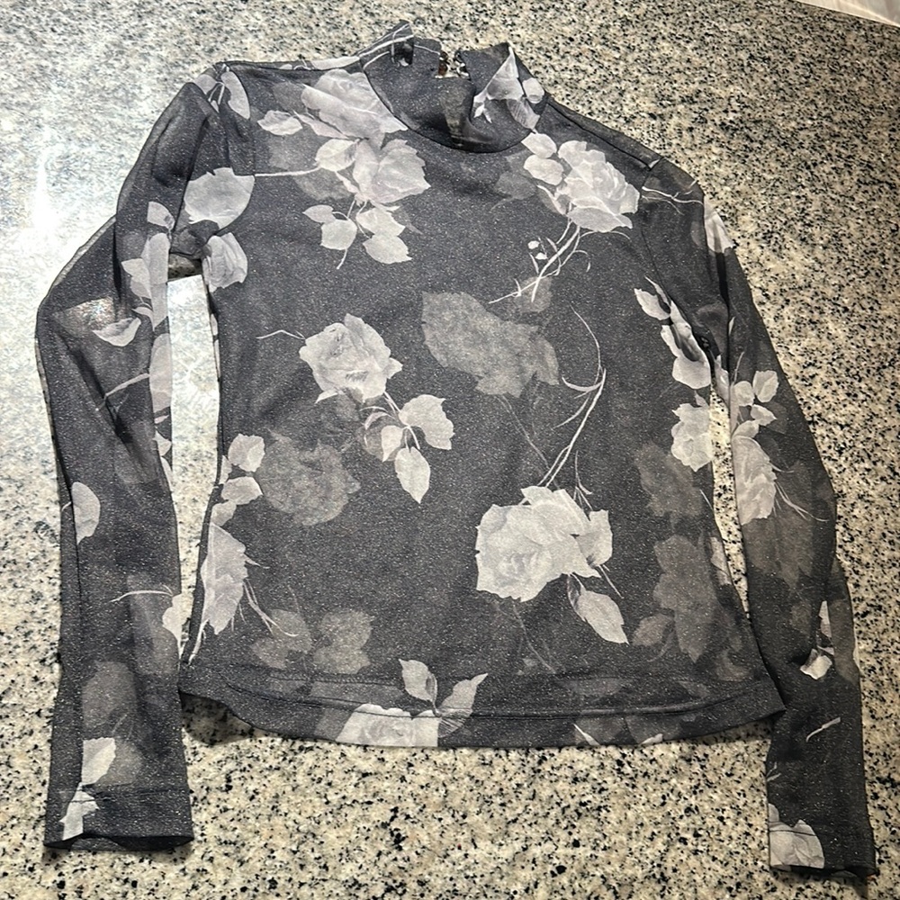 Black and White Rose Mesh Vintage Top